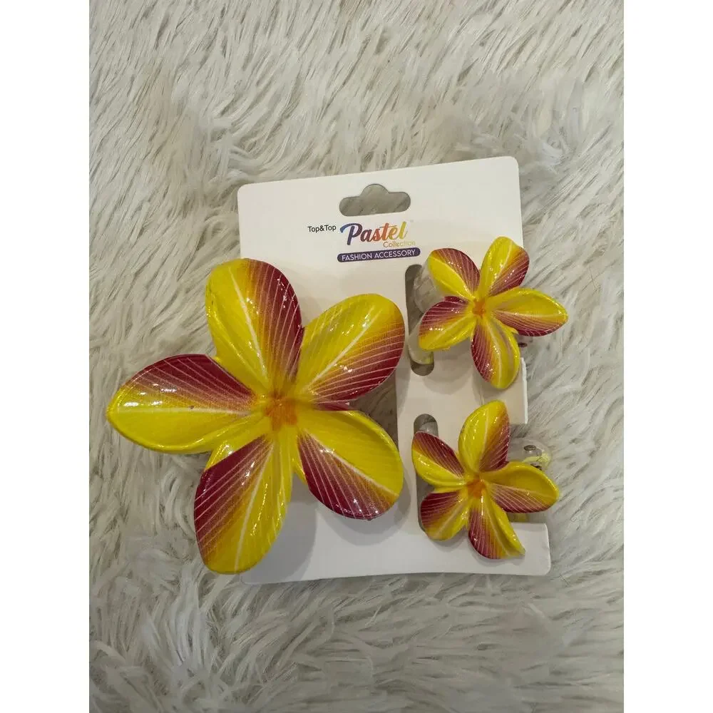 Hawaiian flower yellow  hair clip claw set of 3 one large 2 medium